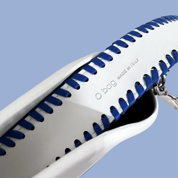 O bag Classic White Shell Blue Handles Liner Whipstitch Strap Modular Italy - Picture 13 of 16